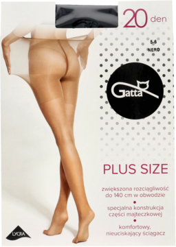 Cieliste rajstopy Gatta PLUS SIZE 20 den na modelce, z opisem zwiększonej elastyczności na opakowaniu.