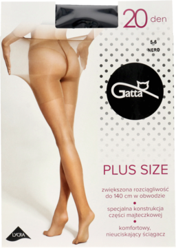 Cieliste rajstopy Gatta PLUS SIZE 20 den na modelce, z opisem zwiększonej elastyczności na opakowaniu.