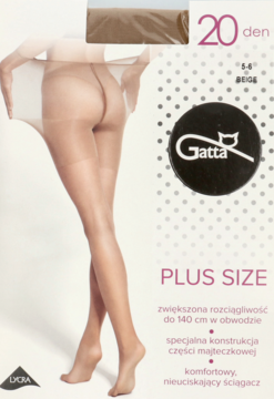 Beżowe rajstopy Gatta 20 den Plus Size na opakowaniu z modelką, widok z przodu.