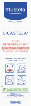 Mustela Cicastela krem regeneracyjny. Białe opakowanie, niebieskie logo, tekst, ikony zastosowania dla niemowląt.