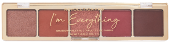 Paleta cieni Revolution Pro Glam z 5 ciepłymi cieniami: błyszczące i matowe brązy, terakota, róż. Napis: I'm Everything.