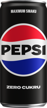 Czarna puszka Pepsi Zero Cukru, widok z przodu, z białym logo Pepsi na biało-czerwono-niebieskim tle.