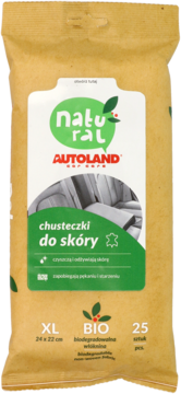 Autoland Natural chusteczki do skóry XL, biodegradowalne, w brązowym opakowaniu z zielonym logo, widok z przodu.