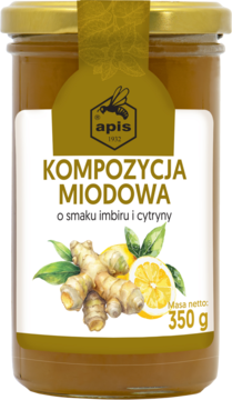 Apis Kompozycja Miodowa z pastą imbirową i cytrynową w słoiku 350g, etykieta z imbirem i cytryną, widok z przodu.