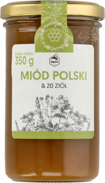 Słoik Miodu Polskiego z 20 ziołami, 350g, z etykietą Apis i ilustracją ziół, widok z przodu.