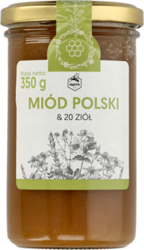 Słoik Miodu Polskiego z 20 ziołami, 350g, z etykietą Apis i ilustracją ziół, widok z przodu.