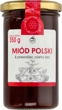 Słoik ciemnego Miodu Polskiego z prawoślazem i czarnym bzem, widok z przodu, biała etykieta z czerwonym napisem.