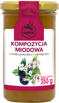 Apis: szklany słoik miodowej kompozycji 350g. Biało-różowa etykieta z grafiką prawoślazu i czarnego bzu, widok z przodu.