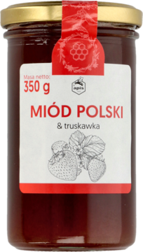 Frontowy widok szklanego słoika miodu Apis z truskawką 350g, z etykietą i grafiką truskawek.
