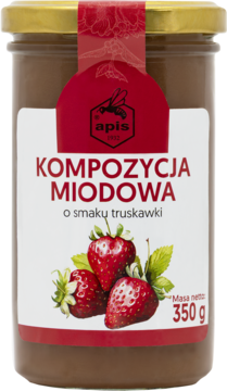 Apis Kompozycja Miodowa truskawkowa 350g w słoiku, czerwona etykieta z truskawkami, widok z przodu.