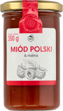 Miód Polski & malina 350g w szklanym słoiku ze złotą nakrętką, białą etykietą i rysunkiem malin, widok z przodu.