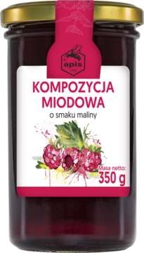 Słoik Apis Kompozycji Miodowej o smaku malinowym 350g. Ciemnoczerwony miód, biała etykieta z malinami.