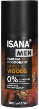 ISANA MEN Mystic Woods dezodorant w sprayu, czarny, 48H, 0% aluminium, z zapachem bursztynu i cedru.