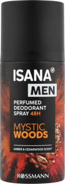 ISANA MEN Mystic Woods dezodorant spray 48h, czarna butelka z pomarańczowymi detalami i szyszką.