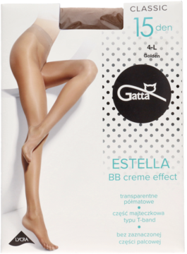 Opakowanie rajstop Gatta Estella BB creme effect 15 den, transparentnych półmatowych, z nogami modelki.