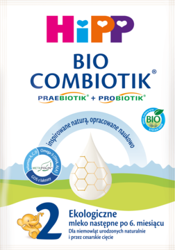 Białe opakowanie HiPP 2 BIO COMBIOTIK, mleko następne po 6. miesiącu, z logo i napisem PRAEBIOTIK+PROBIOTIK.