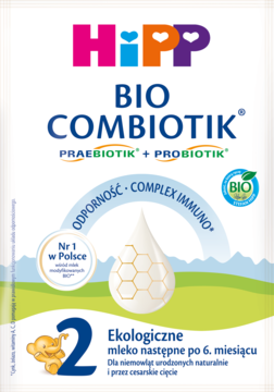 HiPP 2 BIO COMBIOTIK, ekologiczne mleko następne po 6. miesiącu, w białej torebce, widok z przodu.