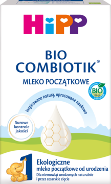 Biało-zielony karton HiPP BIO COMBIOTIK Mleko Początkowe 1, od urodzenia, z cyfrą 1 i słonikiem, widok z przodu.
