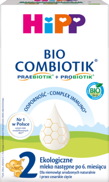 HiPP 2 BIO COMBIOTIK, mleko następne po 6. miesiącu. Front białego opakowania z prebiotykiem i probiotykiem oraz kroplą mleka.