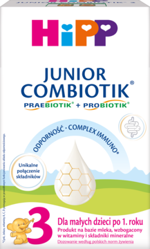 HiPP JUNIOR COMBIOTIK, mleko dla dzieci po 1. roku, z PRAEBIOTIK, PROBIOTIK i Complex Immuno, białe opakowanie.