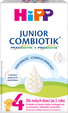 Białe opakowanie HiPP JUNIOR COMBIOTIK 4, mleka modyfikowanego z prae- i probiotykami dla dzieci po 2. roku.