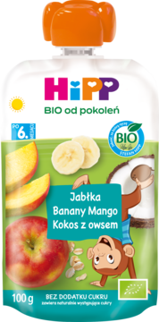 HiPP BIO mus owocowy Jabłka Banany Mango Kokos z owsem, 100g, po 6m+, bez cukru. Front opakowania.