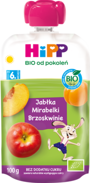 HIPP BIO od pokoleń ,mus owocowy w tubce, Jabłka, Mirabelki, Brzoskwinie 6m+,przód