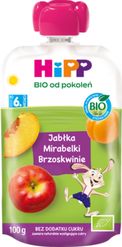 HiPP BIO mus Jabłka Mirabelki Brzoskwinie, 100g, bez cukru, po 6. miesiącu, biała saszetka z owocami.