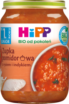 Słoiczek HiPP BIO Zupka pomidorowa z ryżem i indykiem, pomarańczowa etykieta, widok z przodu.