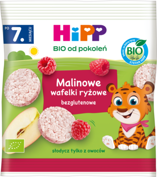 HIPP BIO od pokoleń ,wafelki ryżowe, malinowe, BIO, po 7. m-cu,przód