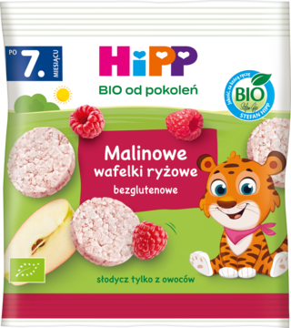 HiPP BIO malinowe wafelki ryżowe bezglutenowe dla dzieci od 7. m.ż. z tygryskiem, malinami i jabłkiem.