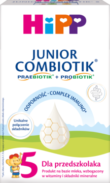 Białe opakowanie HiPP JUNIOR COMBIOTIK dla przedszkolaka, z PRAEBIOTIK + PROBIOTIK, wzmacnia odporność, widok z przodu.