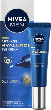 Niebieska tubka NIVEA MEN Anti-Age Hyaluron Eye Cream oraz opakowanie, widok z przodu.