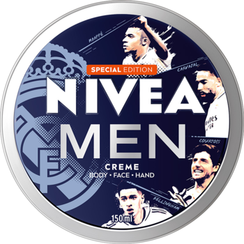 Okrągła puszka kremu NIVEA MEN Real Madrid Special Edition 150ml, granatowe tło z piłkarzami, widok z przodu.