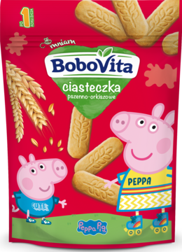 Czerwone opakowanie ciasteczek BoboVita pszenno-orkiszowych dla dzieci 1+, z Peppą i Georgem Pig, widok z przodu.