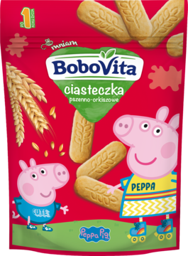 BoboVita ciasteczka pszenno-orkiszowe dla dzieci 1+ w czerwonej torebce z Peppą Pig, widok z przodu.