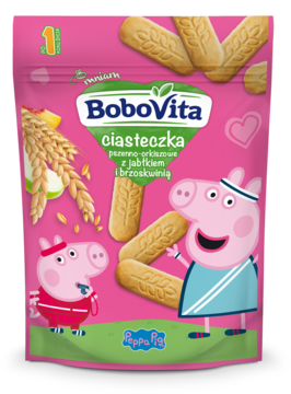 Różowa torebka BoboVita Ciasteczka pszenno-orkiszowe z jabłkiem i brzoskwinią, z Peppa Pig.