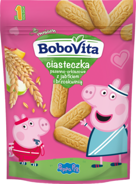 BoboVita ciasteczka pszenno-orkiszowe z jabłkiem i brzoskwinią dla dzieci, różowa torebka z Peppą Pig.