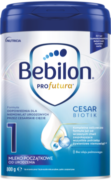 Bebilon PROfutura CESAR BIOTIK 1, mleko początkowe dla niemowląt po cesarskim cięciu, niebiesko-białe opakowanie.