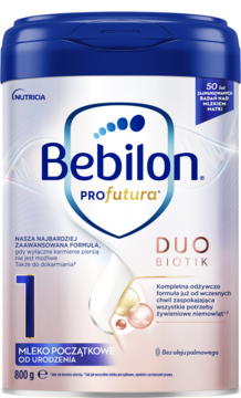 Bebilon PROfutura DUOBIOTIK 1 mleko początkowe, ciemnoniebieskie opakowanie 800g, widok z przodu, bez oleju palmowego.