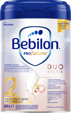Bebilon Profutura DUOBIOTIK 2, mleko następne po 6. miesiącu, niebiesko-białe opakowanie, widok z przodu.