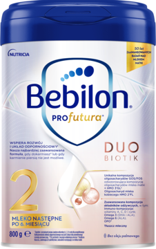 Bebilon Profutura DUOBIOTIK 2, mleko następne po 6. miesiącu, niebiesko-białe opakowanie, widok z przodu.