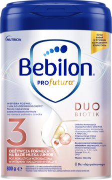 Bebilon Profutura DUOBIOTIK 3, mleko junior 800g wspierające odporność, niebiesko-białe opakowanie, widok z przodu.