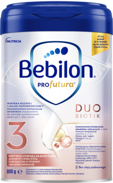 Bebilon Profutura DUOBIOTIK 3, mleko następne w niebieskiej puszce 800g, wspiera odporność, widok z przodu.