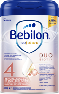 Bebilon Profutura 4 DUOBIOTIK, granatowo-biała puszka mleka junior 800g, widok z przodu.