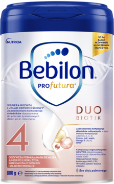 Niebiesko-białe opakowanie Bebilon Profutura DUOBIOTIK 4, mleko junior 800g, wspiera odporność, widok z przodu.