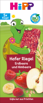 HiPP BIO baton owsiany truskawka-malina, zielone opakowanie z żółwiem, 5 szt. Słodycz tylko z owoców.