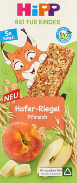 Front opakowania HiPP BIO Hafer-Riegel Pfirsich z rysiem, brzoskwinią i bananami.