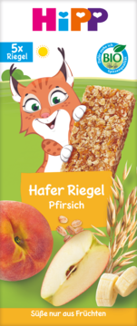 HiPP BIO Hafer Riegel Pfirsich, opakowanie 5 batoników. Zielone tło z rysunkowym rysiem, owocami i owsem.