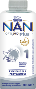 Nestlé NAN OPTIpro Plus 1 HMO, mleko początkowe w płynie 200ml dla niemowląt, biały karton, widok z przodu.